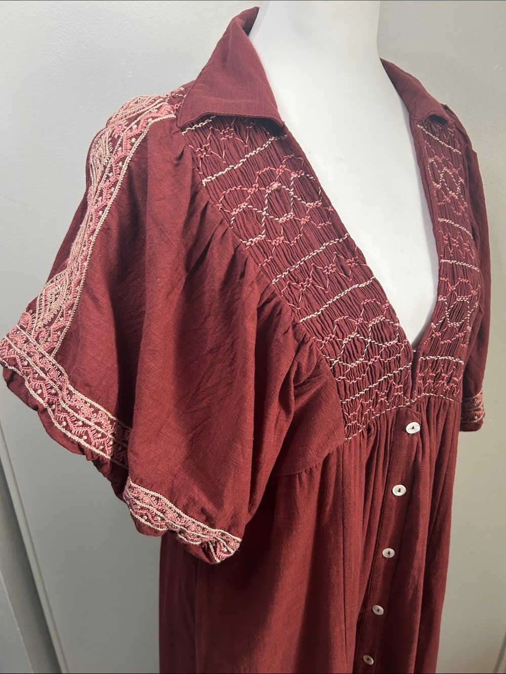 Free People Samantha Shirtdress"Double Dare" Red Intricate Shoulder Embroidery - Picture 3 of 13